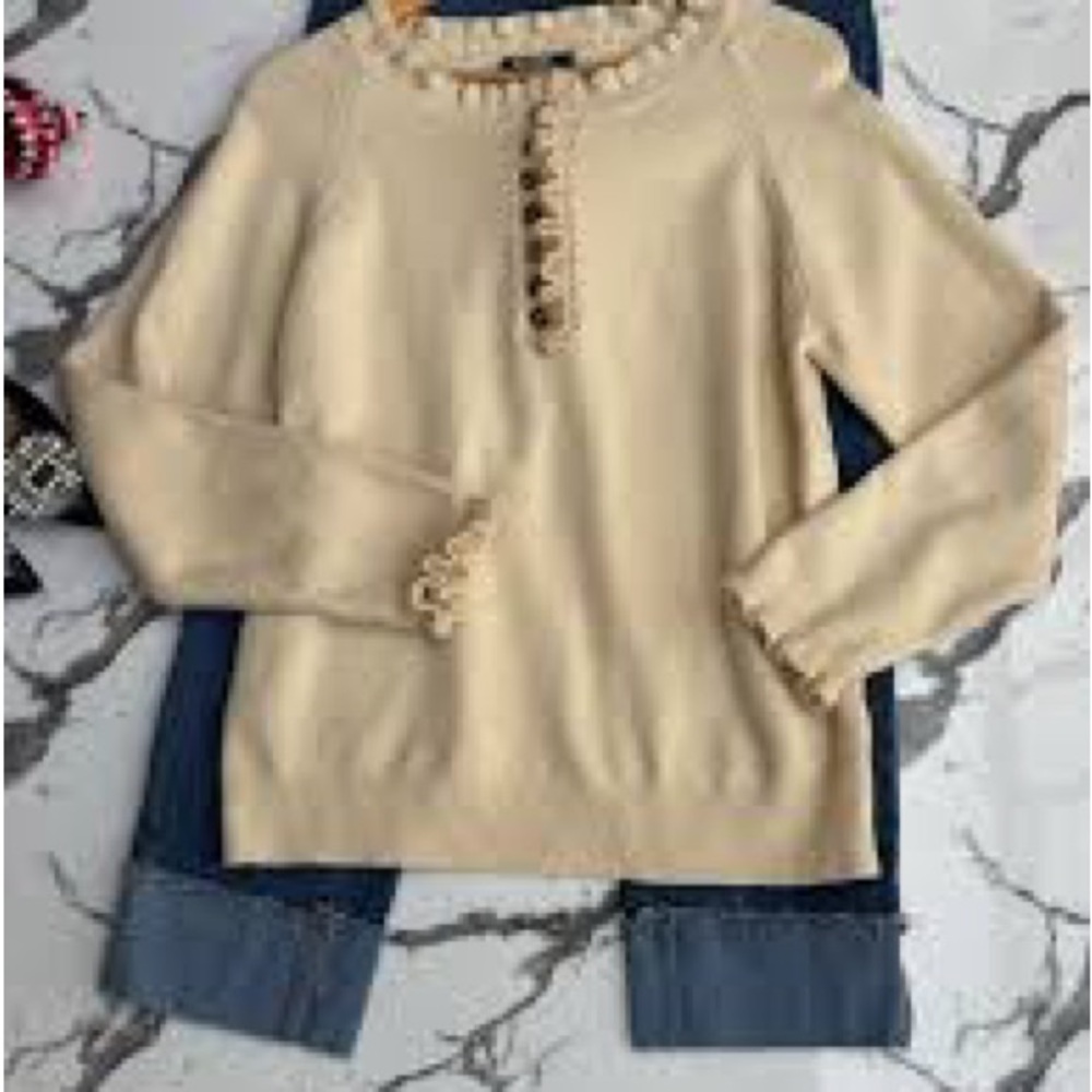 BTFBM Cream Ruffle Neck Button Sweater Boho Cottagecore - Picture 12 of 16